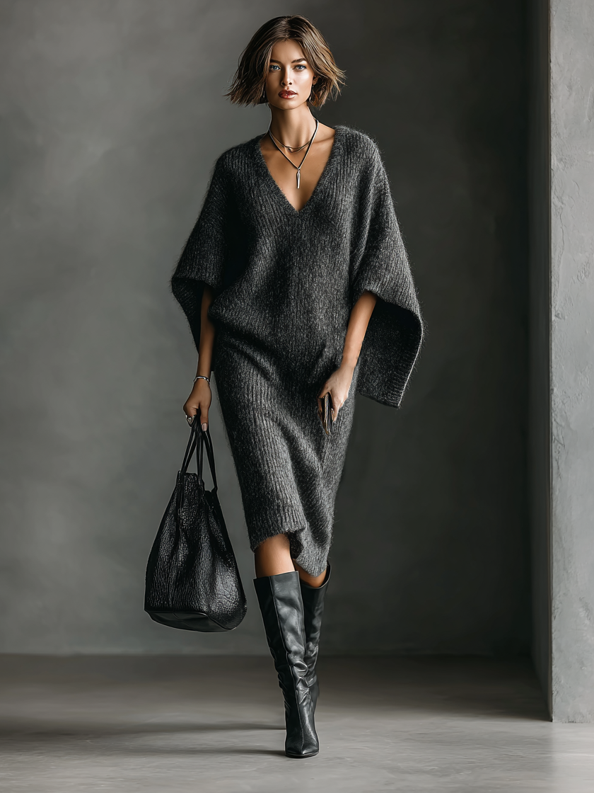 Women's Minimalist Loose V-Neck Cape Sleeve Knitted Midi Dress MDA1689I5Y