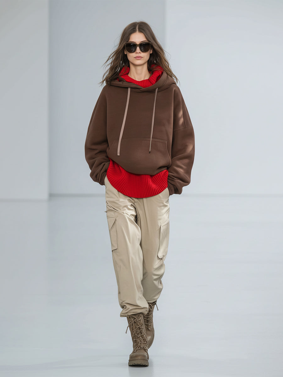 Women's Red Knit Trim Detail Hoodie In Cozy Cotton-Blend With Beige Cargo Joggers – Streetwear Set MDA0368K9I