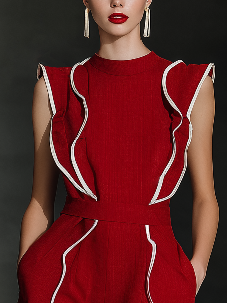 Women's Red Ruffled Romper With Contrast White Piping & Side Pockets MDZ0246C6T