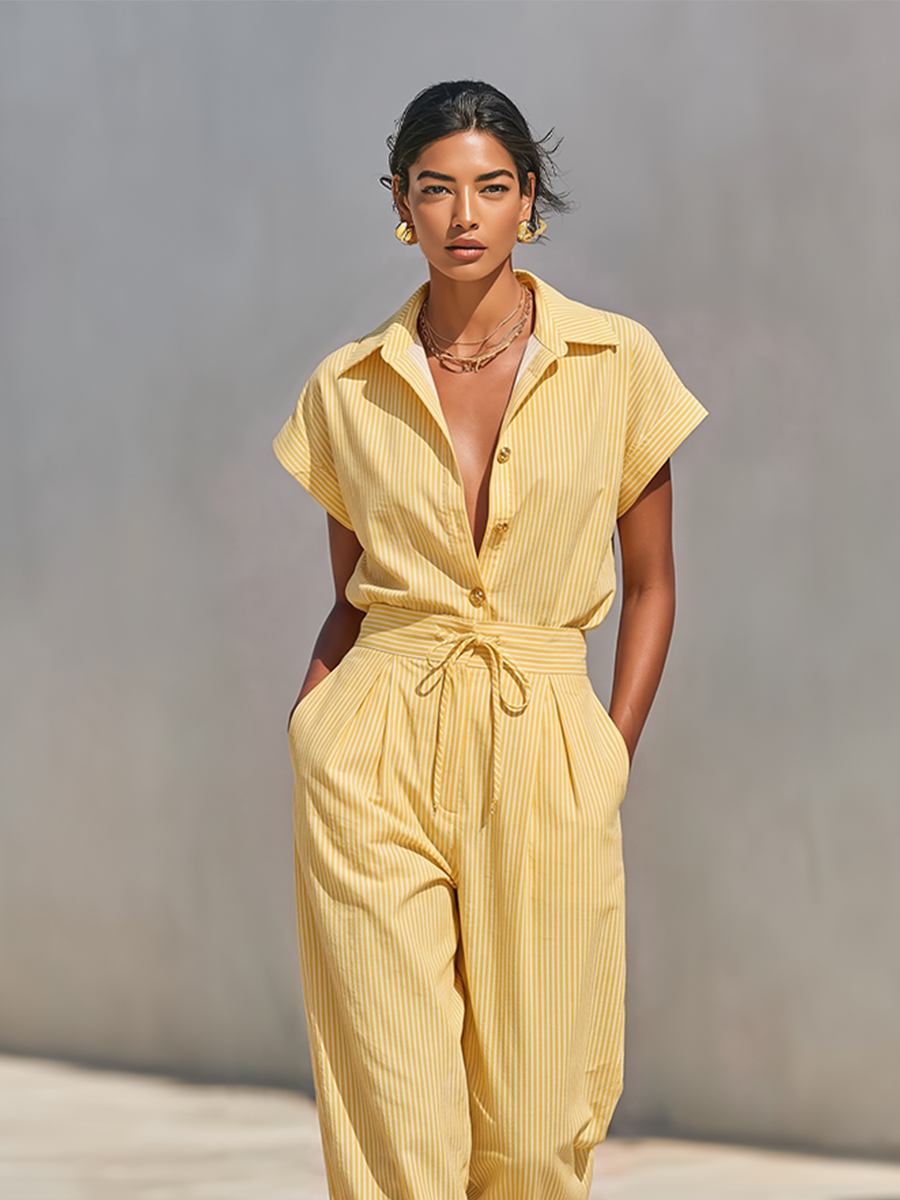 Women's Lemon Vertical Stripe Textured Co-Ord With Front Button Blouse & Side Pocket Tapered Trousers, Effortless-Chic Beach Casual Outfit MDZ2203F4LYL