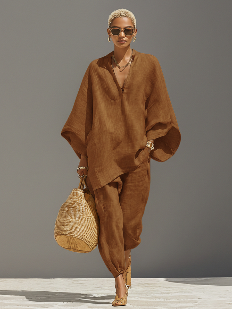 Women's Neutral Linen Set With Asymmetric Hem & Minimalist Design, Sophisticated Daily-Casual Style Set MDZ0501B3I