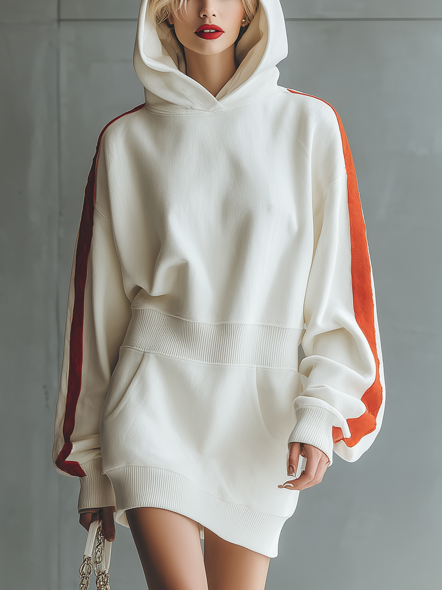 Women's White Cotton Blend Red Striped Loose Hooded Sweatshirt Mini Dress MDA2871J7T