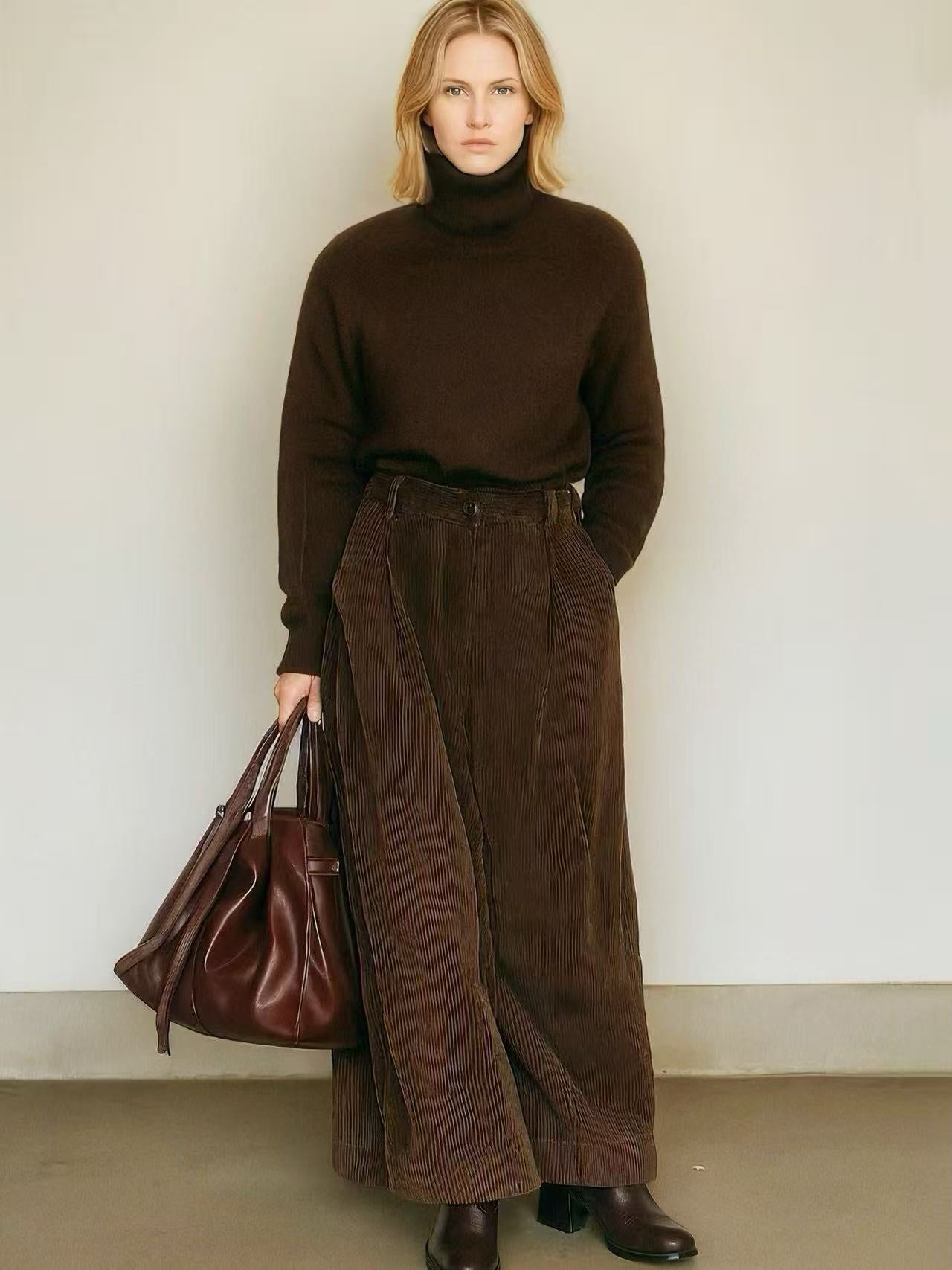 Women's Elegant And Simple Brown Turtleneck Knit Top Paired With Brown Corduroy Straight-leg Trousers MDA0632K3AN