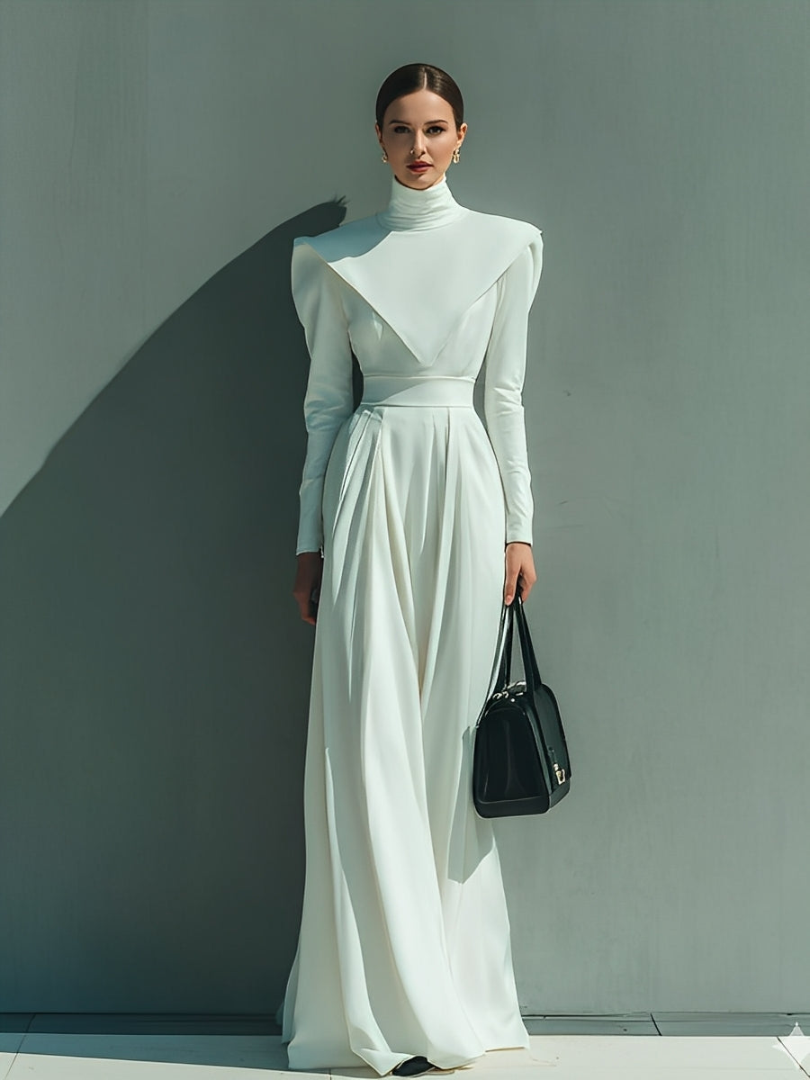 Women's White Chic Crepe Turtleneck Structured - Shoulder Maxi Dress MDA1661J5I