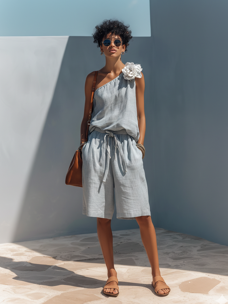 Women's Casual Light Blue Cotton Linen Off-shoulder Sleeveless Top Paired With Shorts (removable White Floral Embellishment) MDZ2715B1AN