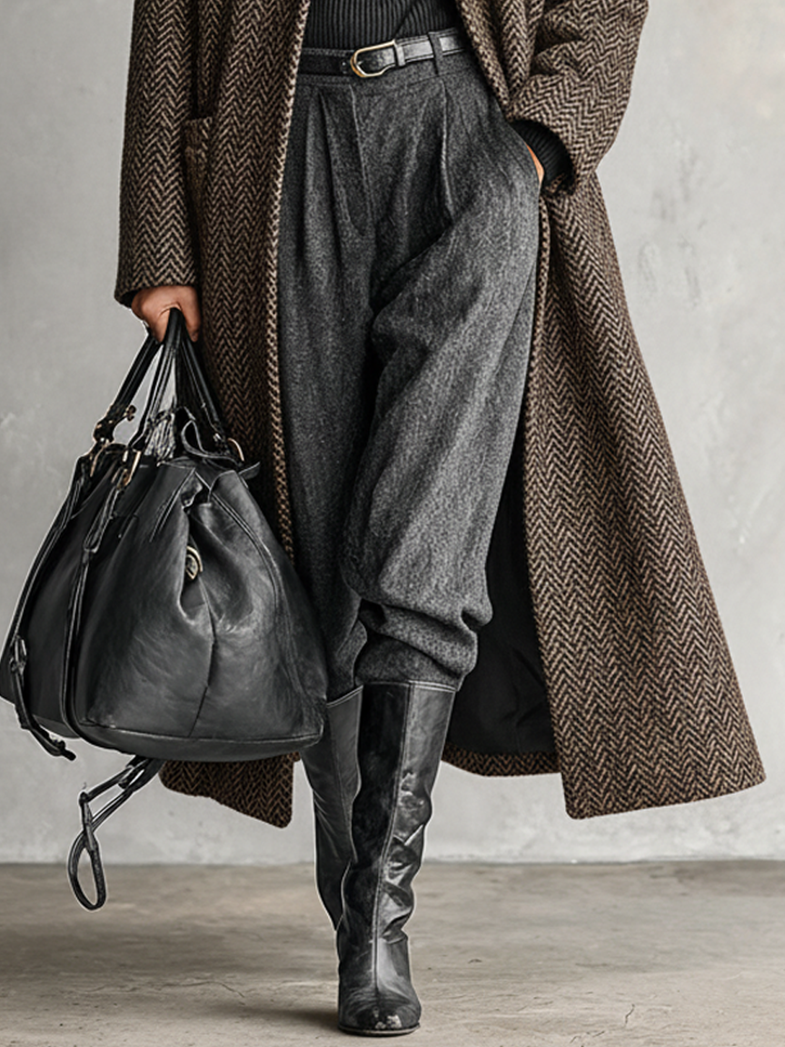 Women's Minimalist Loose Herringbone Wool Blend Lapel Long Coat MDA1780J3Y