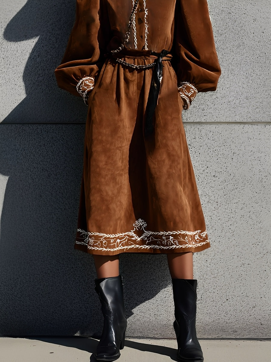 Women's Brown Vintage Faux Suede Folk - Embroidered Midi Dress MDA2139J6I