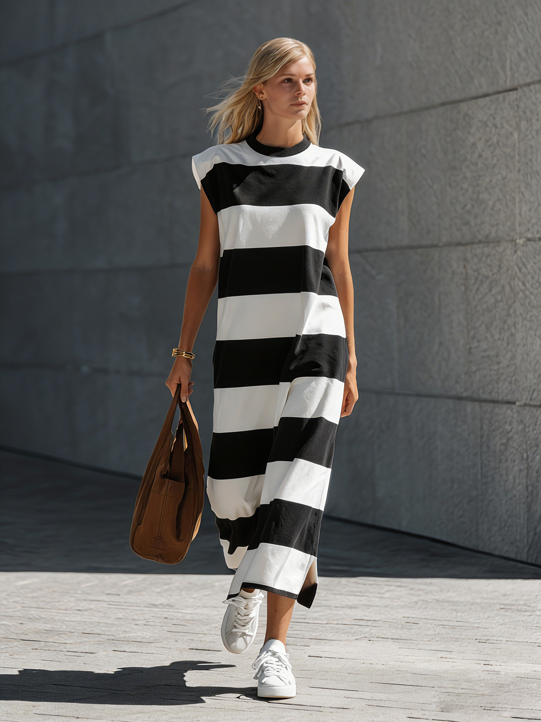 Women's Casual Brown & White Stretch-Knit Maxi Dress — Crew Neck, Sleeveless MDZ2362E0LXY