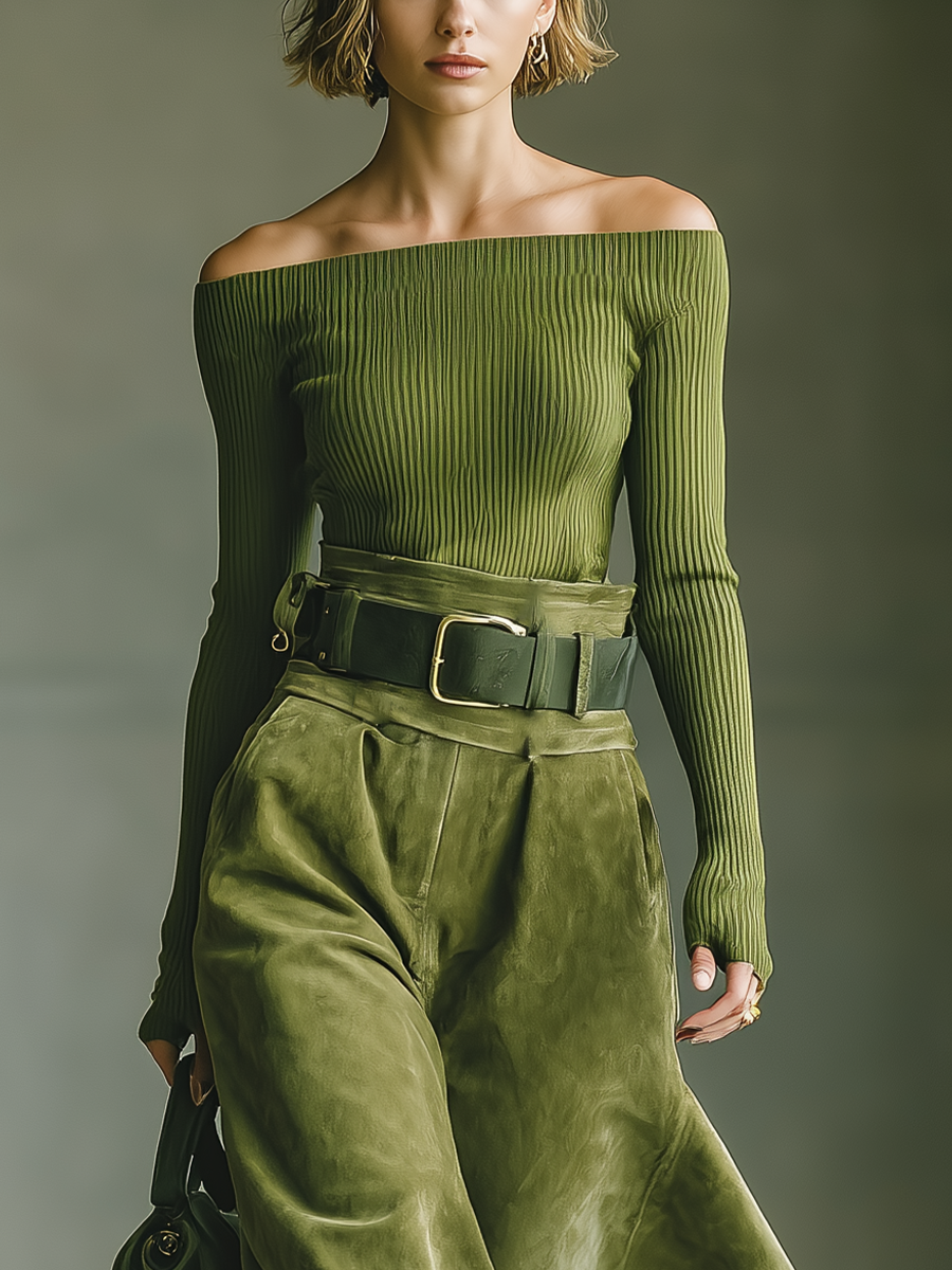 Women's Olive Green Off-the-Shoulder Sweater And Faux Suede Skirt Set MDA2434J6T