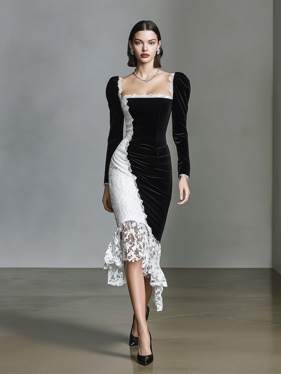 Women's Black Elegant Velvet And Lace Asymmetric Ruffled Midi Dress MDA1864I6I