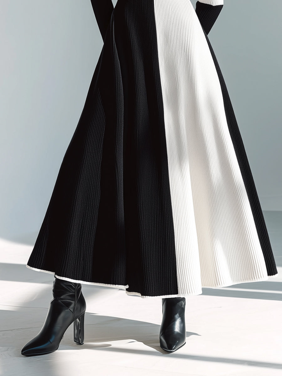 Women's Black - White Chic Rib - Knit Button - Detail Maxi Dress MDA1106H3I