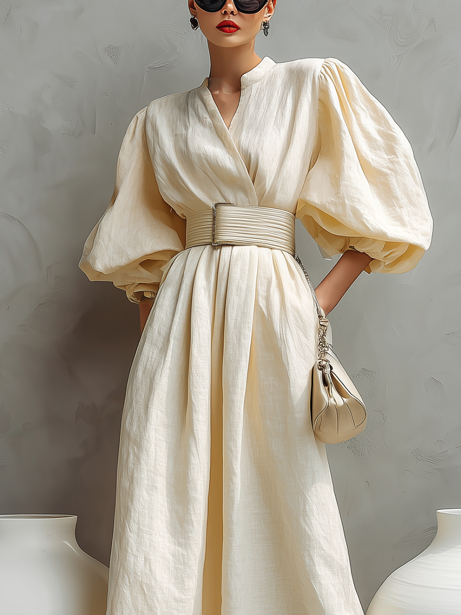 Women's Cream Linen Fabric V-Neck Puff-Sleeve Belted Maxi Dress MDA2540L9T