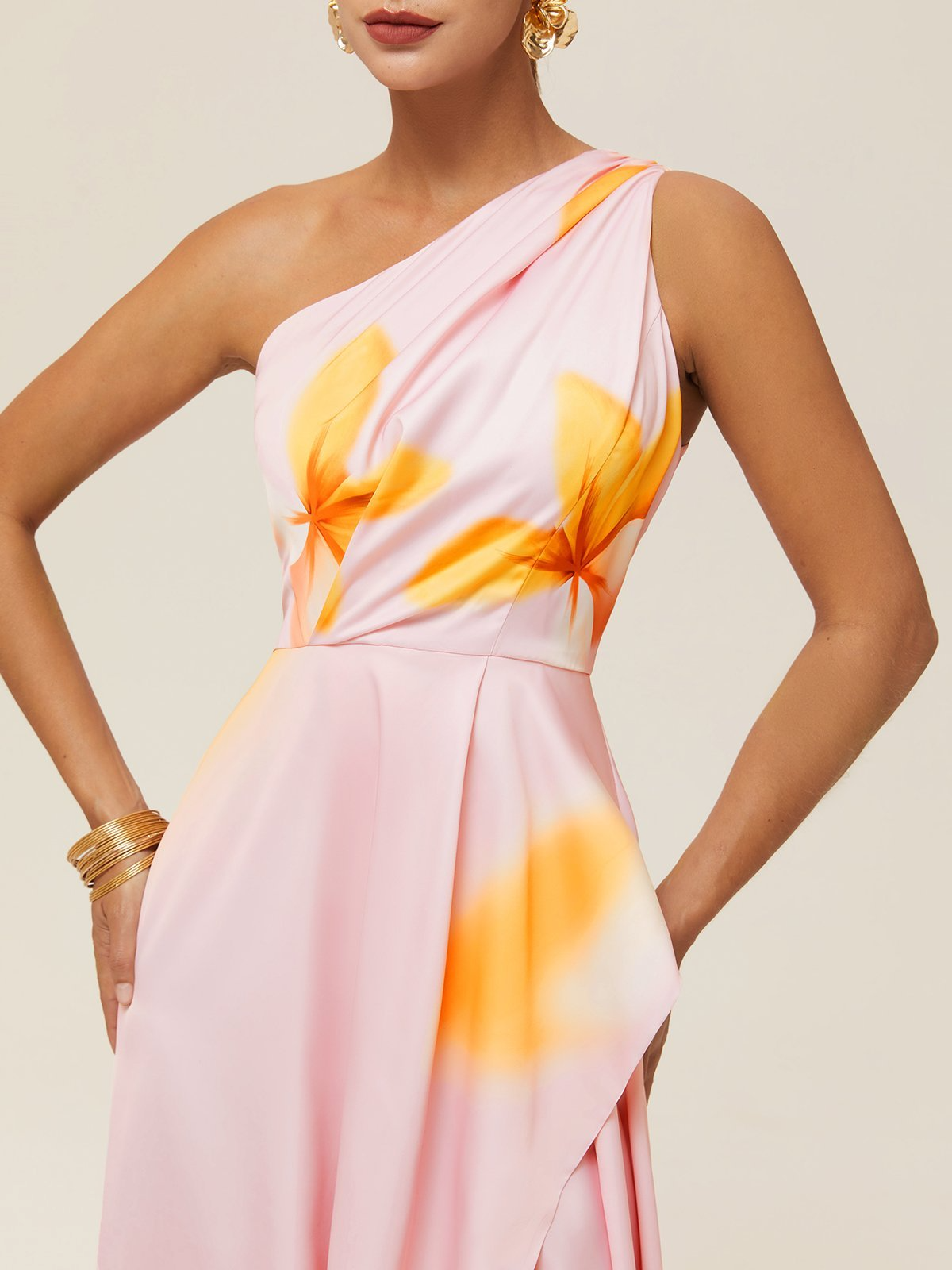 Women's Satin Print Asymmetrical Off-shoulder Hem Slit Maxi Dress MDA1104F9Y