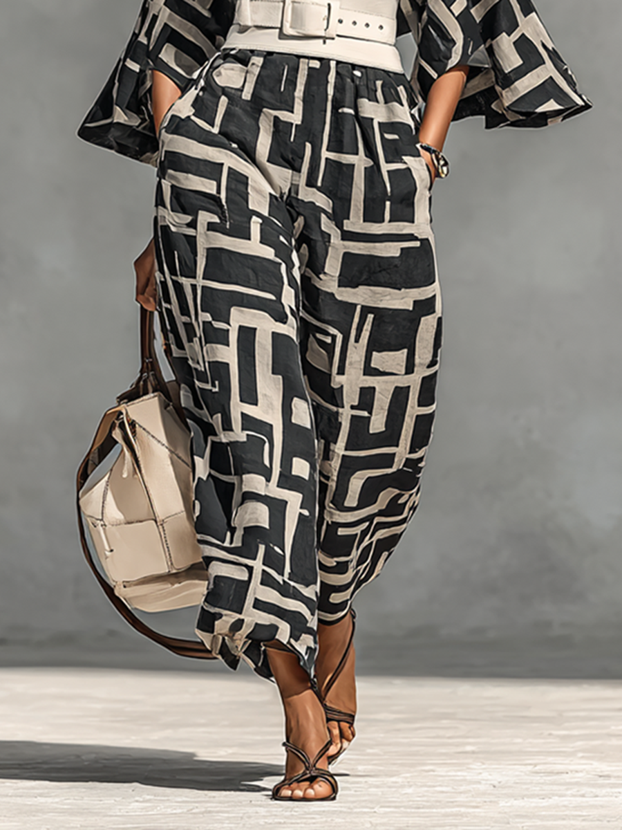 Women's Geometric Print Stand Collar Single Breasted Bell Sleeve Jumpsuit (Belt Included)MDA2248G4Y