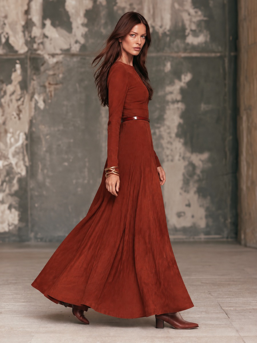 Women's Long-Sleeve Suede Maxi Dress With V-Neck