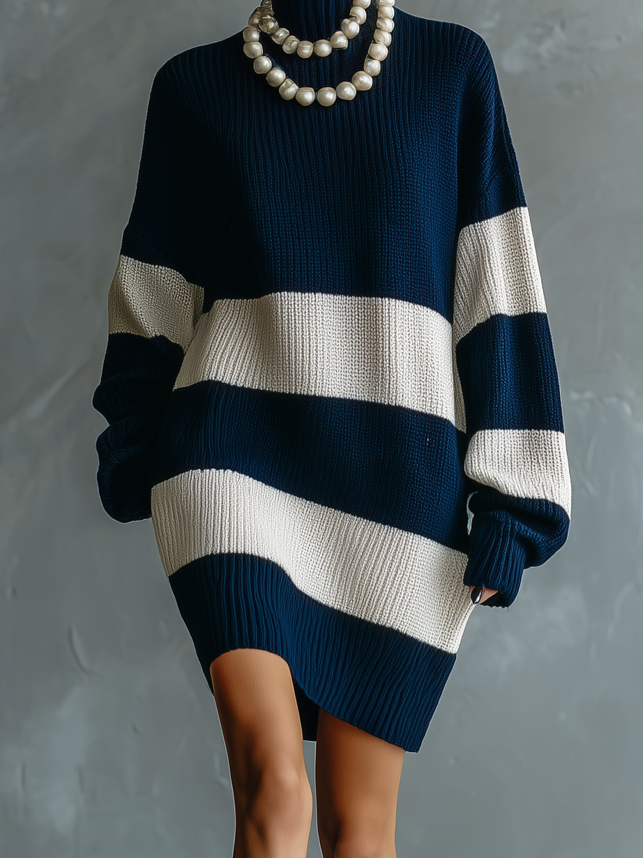 Women's Fashionable And Elegant Dark Blue And White Striped Long-sleeved Turtleneck Loose Knitted Sweater Mini Dress MDA2991K0AN