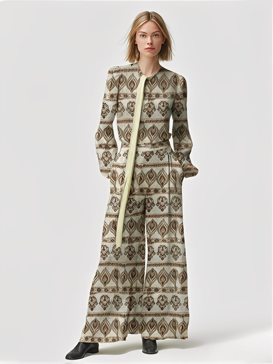 Women's Beige & Brown Patterned Silky Jumpsuit With Wide-Leg & Contrast Tie-Belt, Timeless Boho-Chic Style Jumpsuit MDA1511L6I