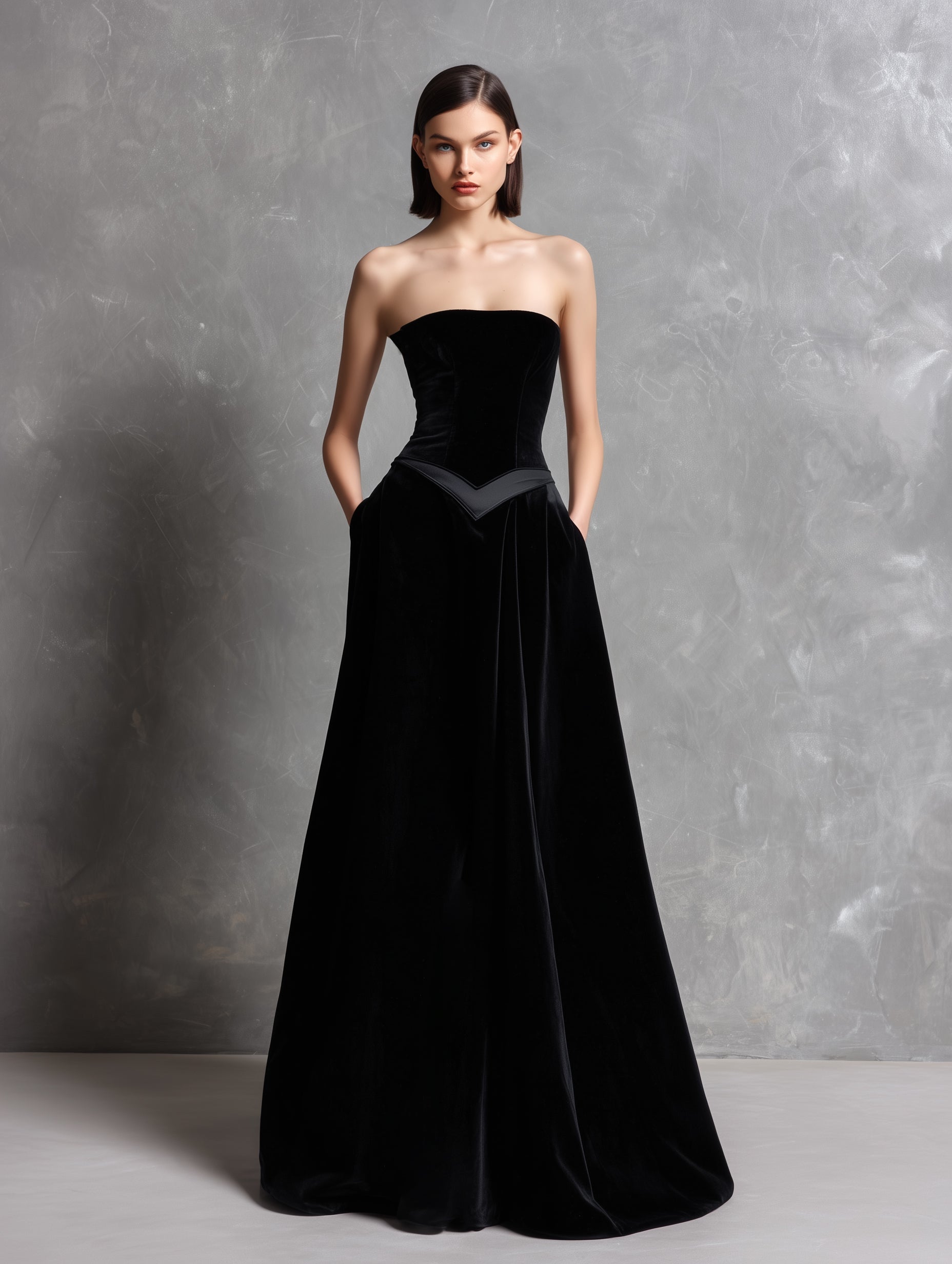 Women's Elegant Black Velvet Strapless Long Evening Dress MDA2522L5AN