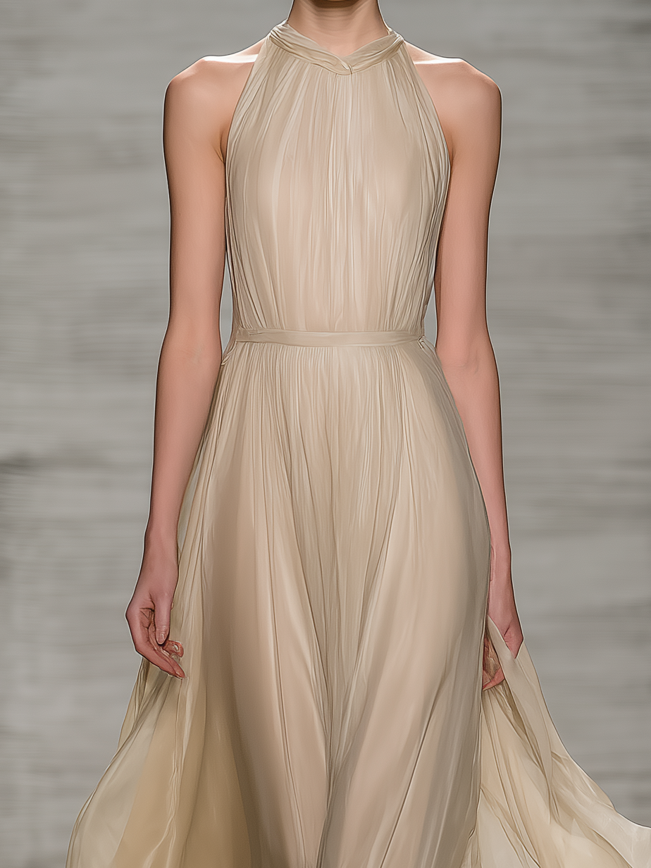 Women's Elegant Apricot-colored Round-neck Sleeveless Chiffon And Organza Long Dress MDA2662L2AN