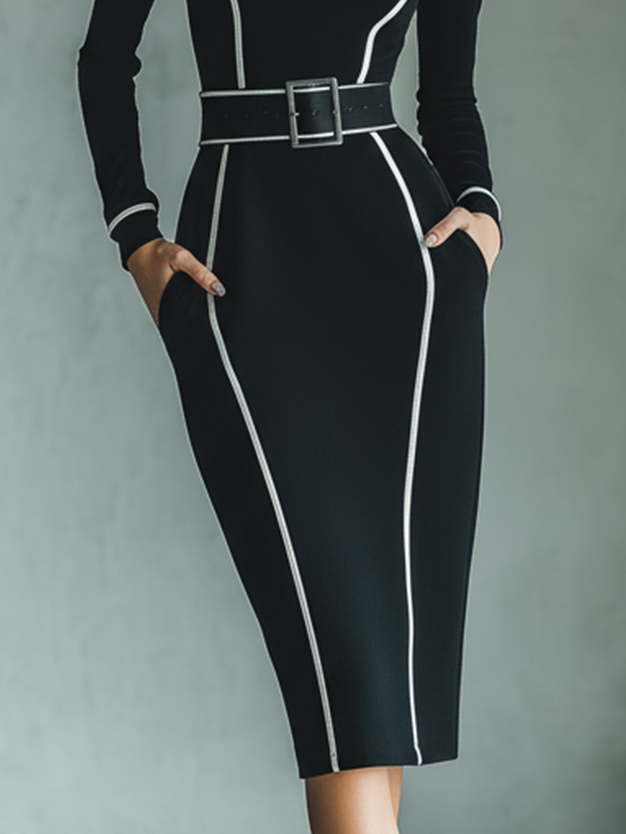 Women Black Knit Contrast Trim Belted Bodycon Dress MDA1857L3T