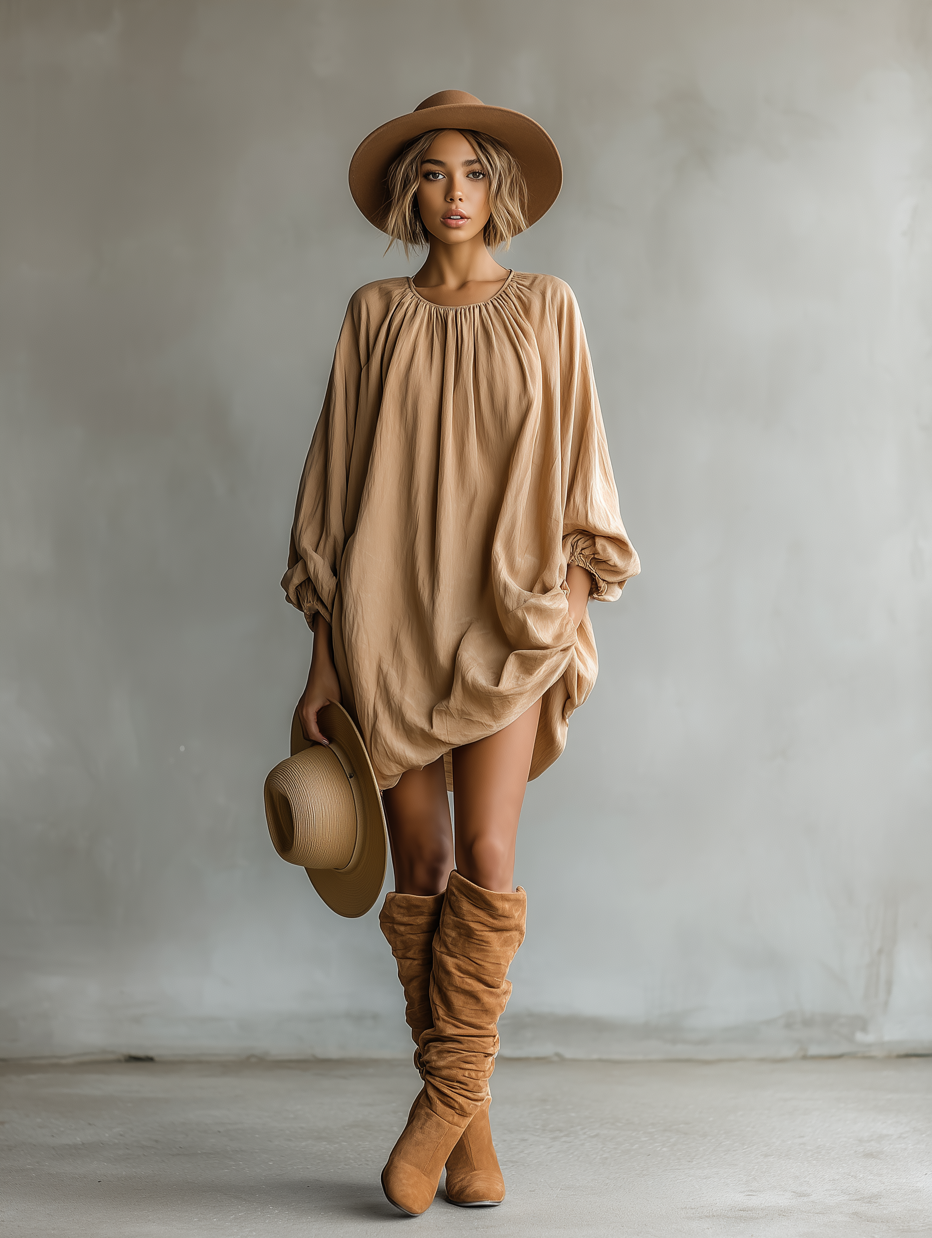 Women's Fashionable Casual Camel-colored Elastic Neckline Loose Short Dress MDA2475K1AN