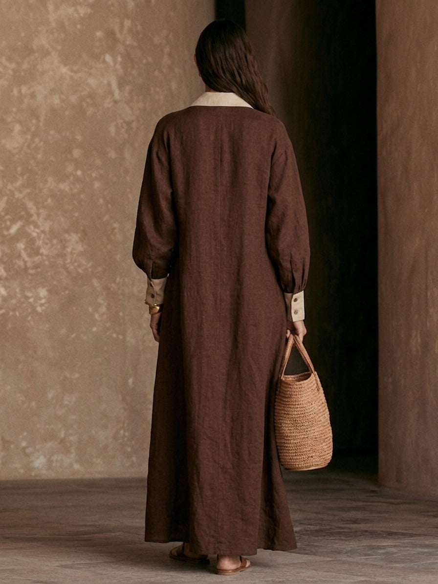 Women's Minimalist Color-Block Linen-Blend Long Shirt Dress MDZ0938H0ZRK