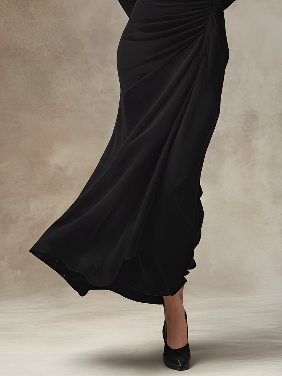 Women's Black Stretchy Knit Dress With Boat Neck & Ruched Skirt, Timeless Elegant Style Dress MDA1550L5I