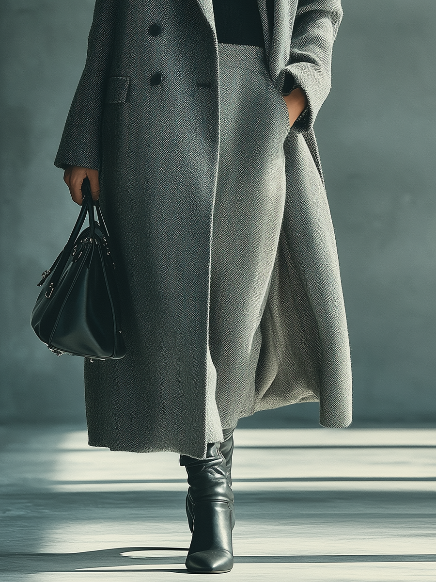 Women's Grey Wool Blend Herringbone Coat MDA1626J1T