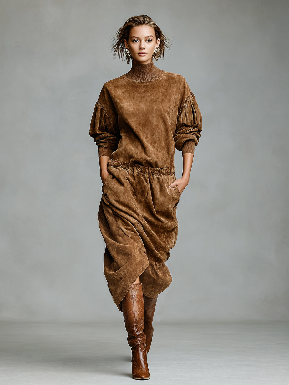 Women's Fashion Loose Suede Turtleneck Elastic Waist Midi Dress MDA1607H7Y