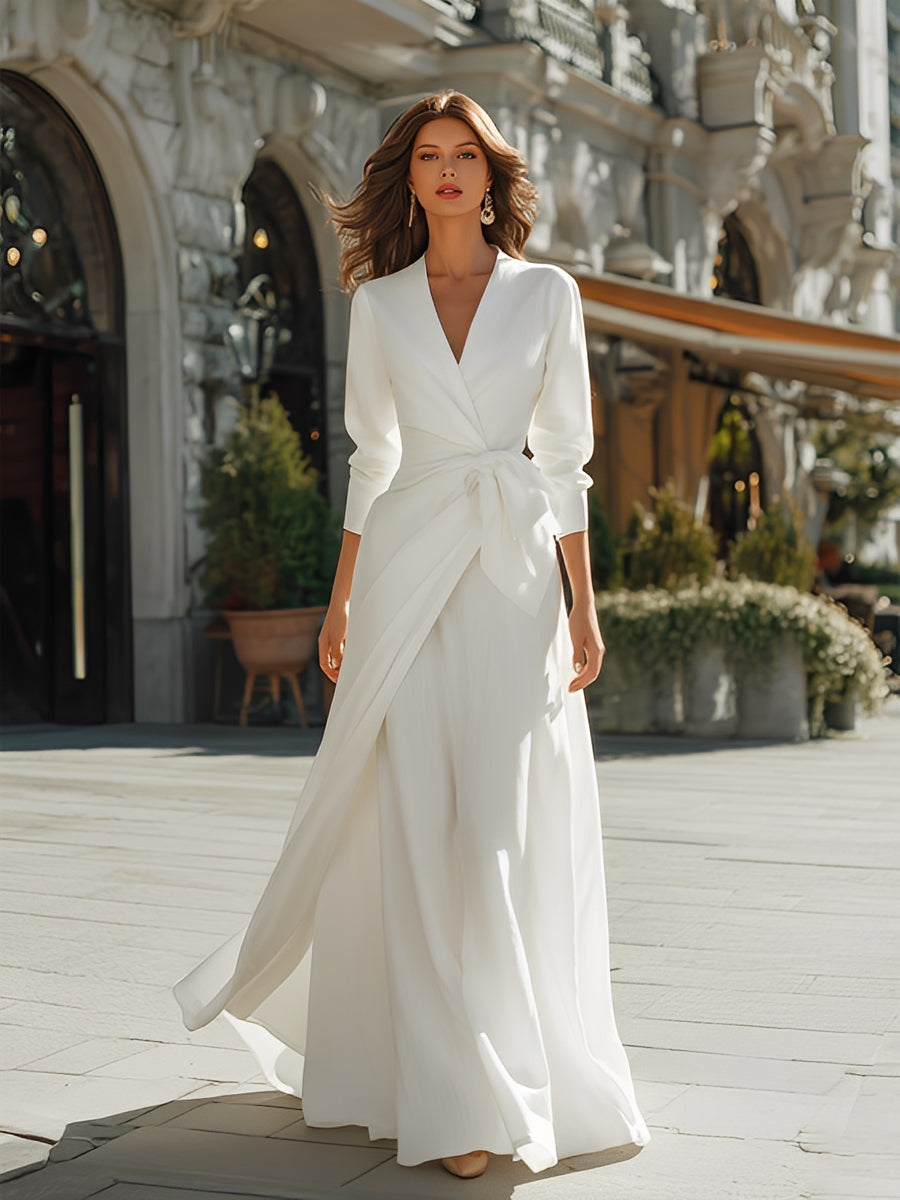 Women's White Textured Fashion Dress With Deep V-Neck & High Slit, Modern Formal Style Dress MDA1170L7I