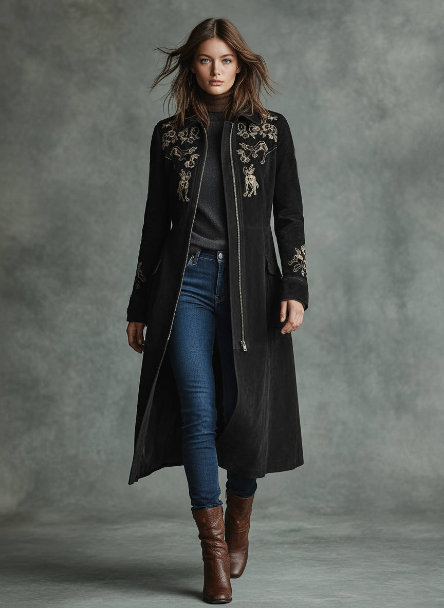 Women's Faux Suede Embroidered Zip-up Lapel Coat MDA3037J3Y