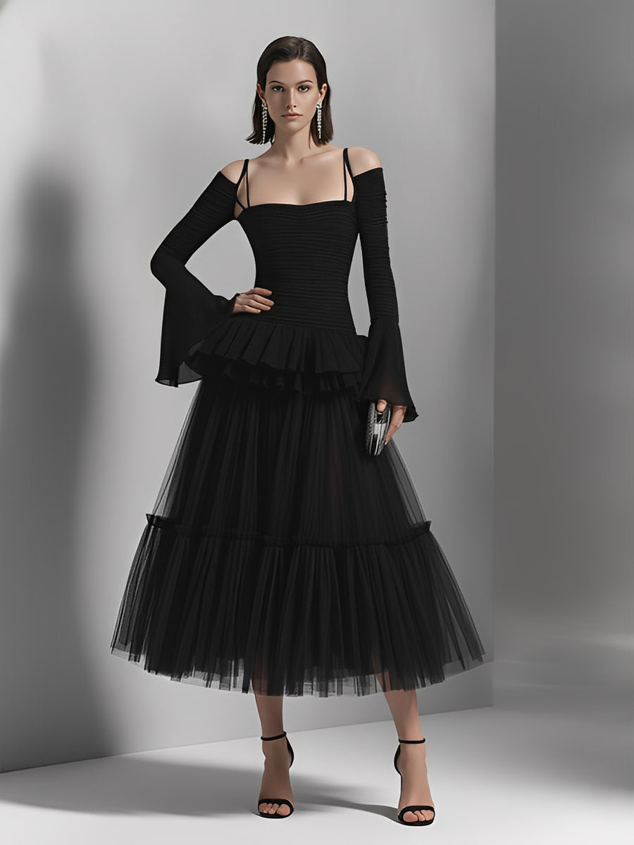 Women's Black Tulle & Ribbed Knit Dress With Cold-Shoulder Neck & Tiered Skirt, Glamorous Formal Style Dress MDA1134L8I