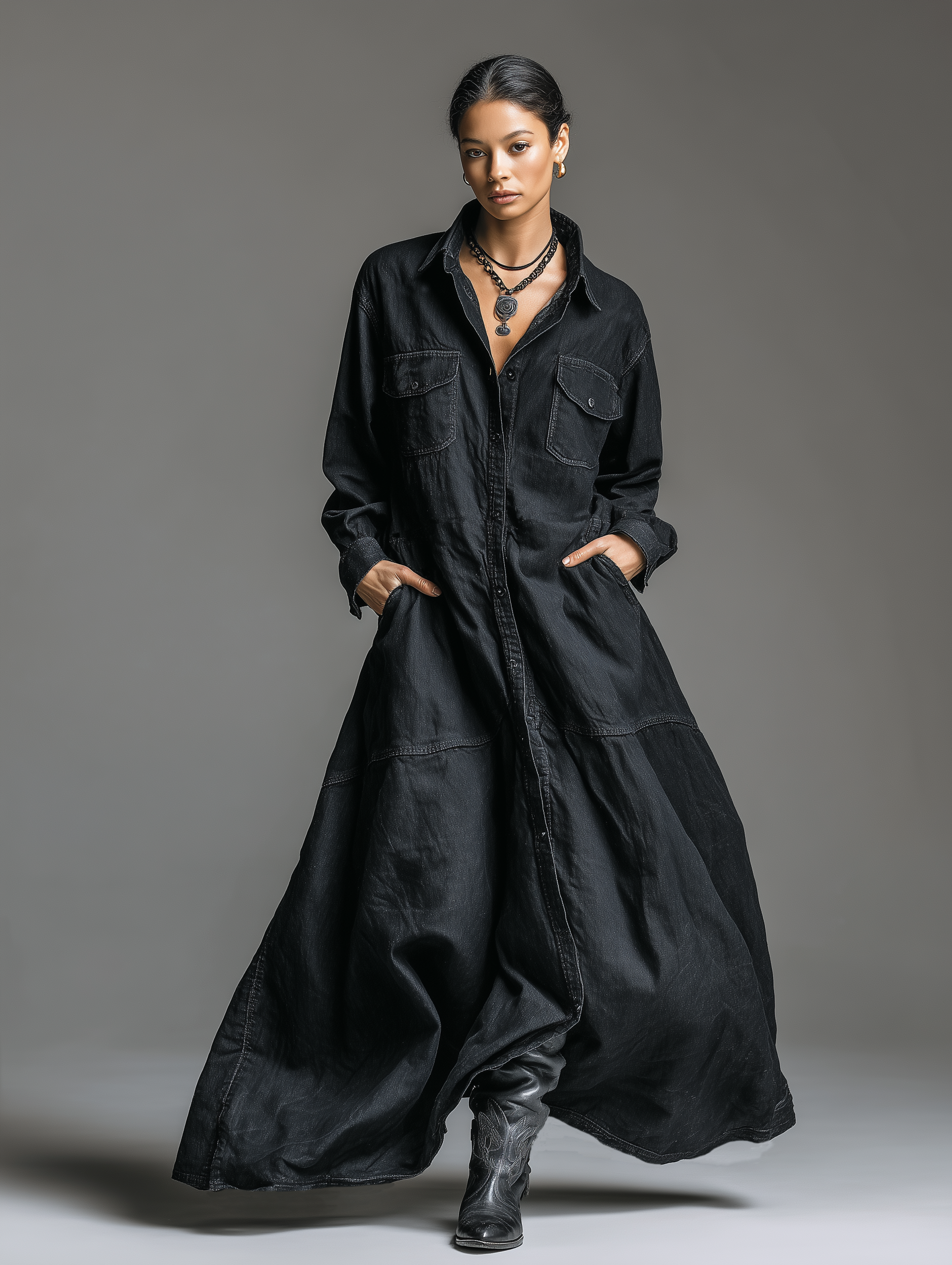 Women's Minimalist Button-front Denim Maxi Dress MDA2464K0Y