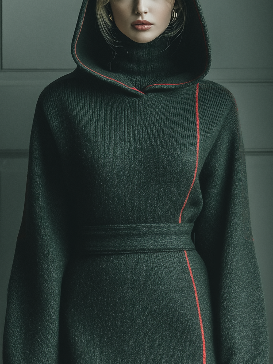 Women's Dark Grey Knitted Red Contrast Hooded Mini Dress MDA2074J1T