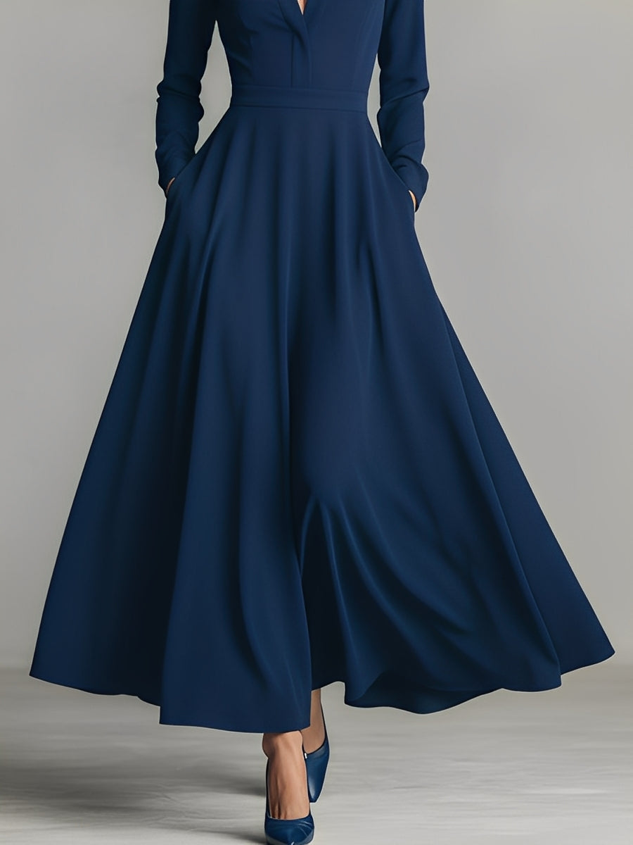 Women's Navy Smooth Cotton-Blend Fabric Chic Keyhole-Neck Pocket Maxi Dress MDA2455K8I
