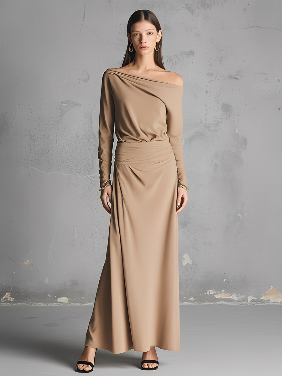 Women's Beige Draped Dress With Asymmetric Neckline & Flowing Skirt, Sophisticated Formal Style Maxi Dress MDA1254L4I