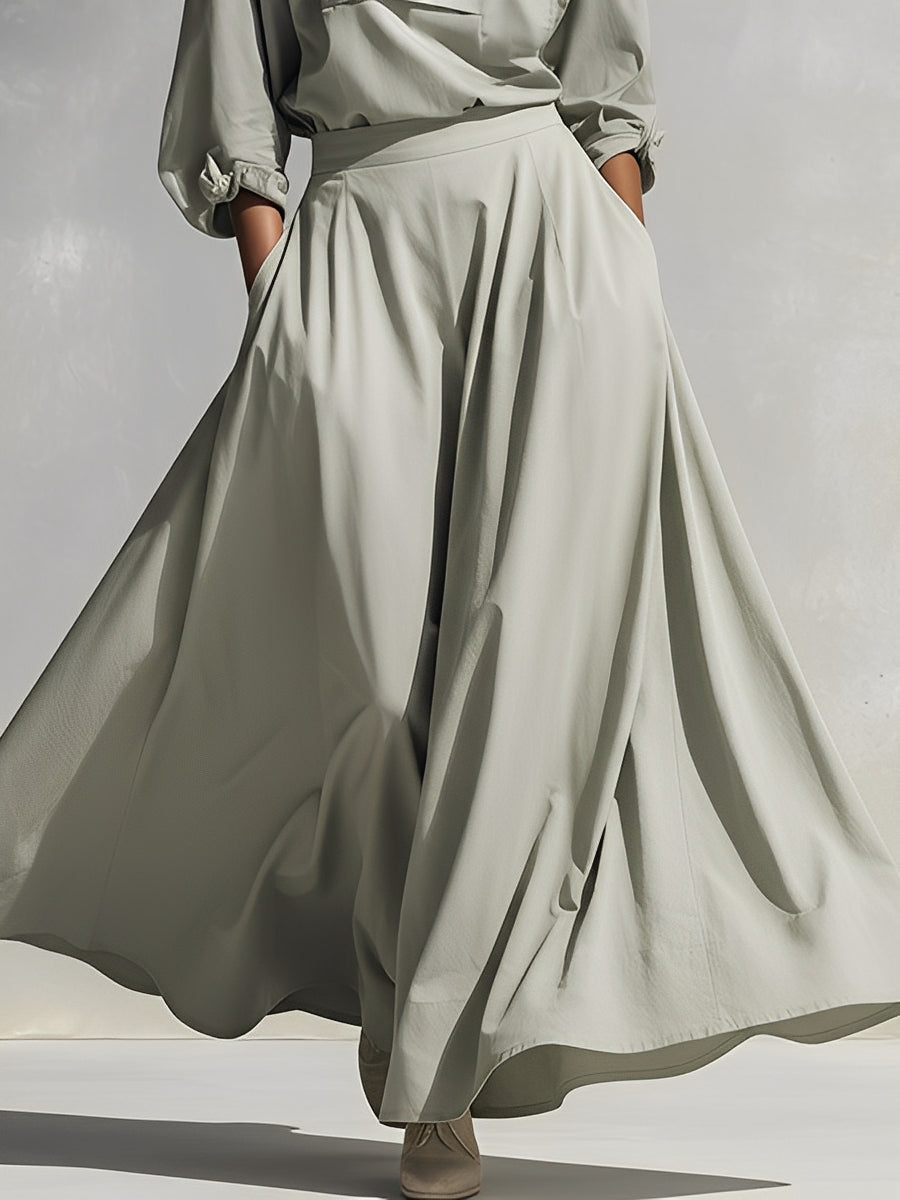 Women's Green Cotton Fabric Chic Oversized-Pocket Wide-Leg Skirt Set MDA2180K5I