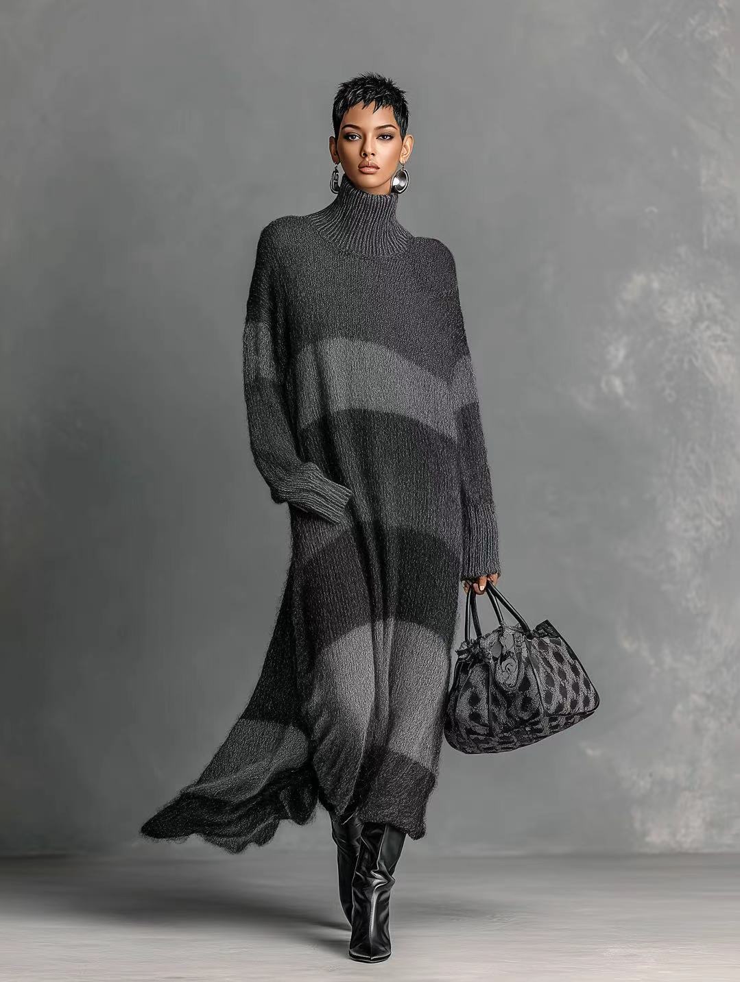 Women's Elegant And Stylish Black And Gray Striped High-neck Long-sleeved Mohair Knit Dress MDA2755K2AN