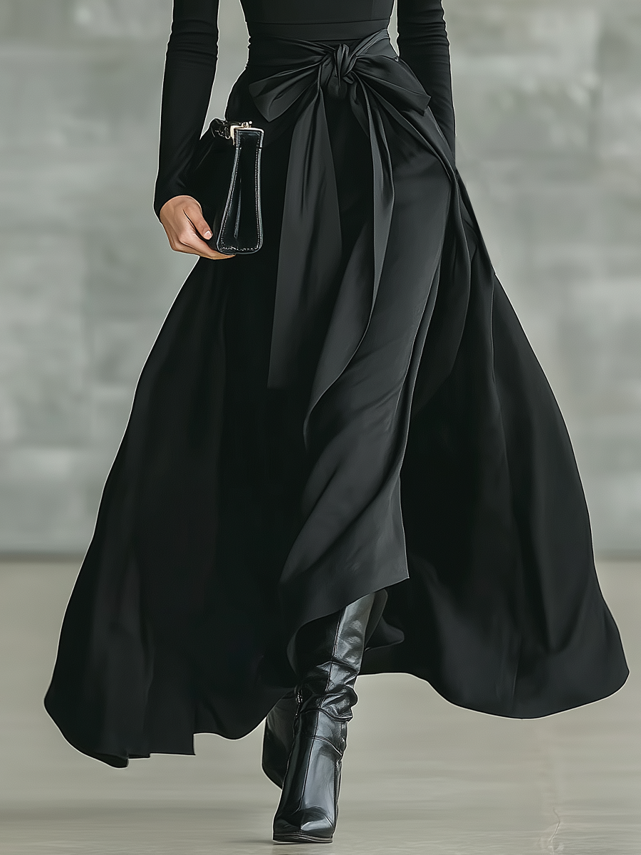 Women's Black High-Neck High-Stretch Knitted And Satin Flared Maxi Dress MDA2851J4T