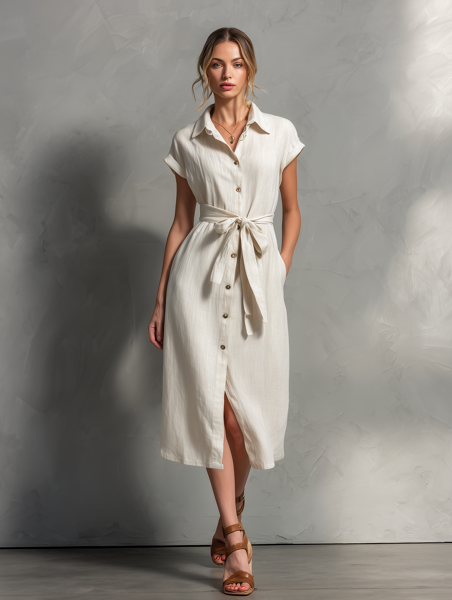 Women's Elegant Natural Cotton-linen Blend Short-sleeved Loose-fitting Shirt Dress MDA2477L0AN