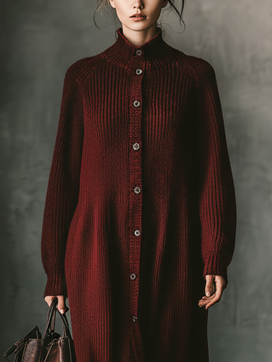 Women's Dark Red Knitted High-Neck Button-Up Long Cardigan MDA2951J8T