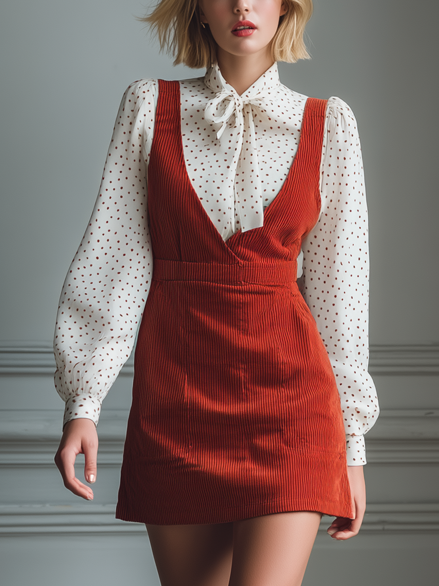 Women's Red Corduroy V-neck Suspender Dress And Red Polka Dot Shirt Set MDA0508K1T