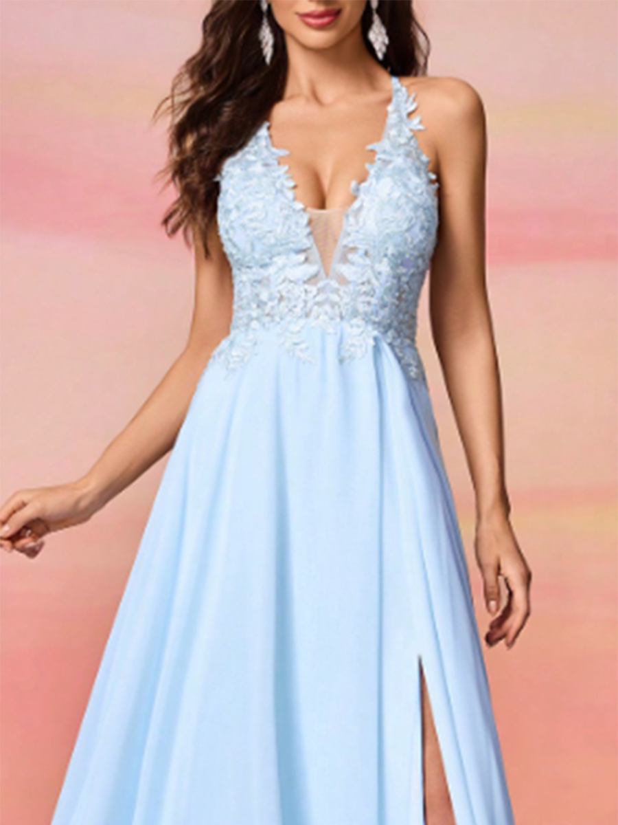 Women's Chiffon Lace Halter Backless Waisted Hem Slit Maxi Dress MDA1949F3Y