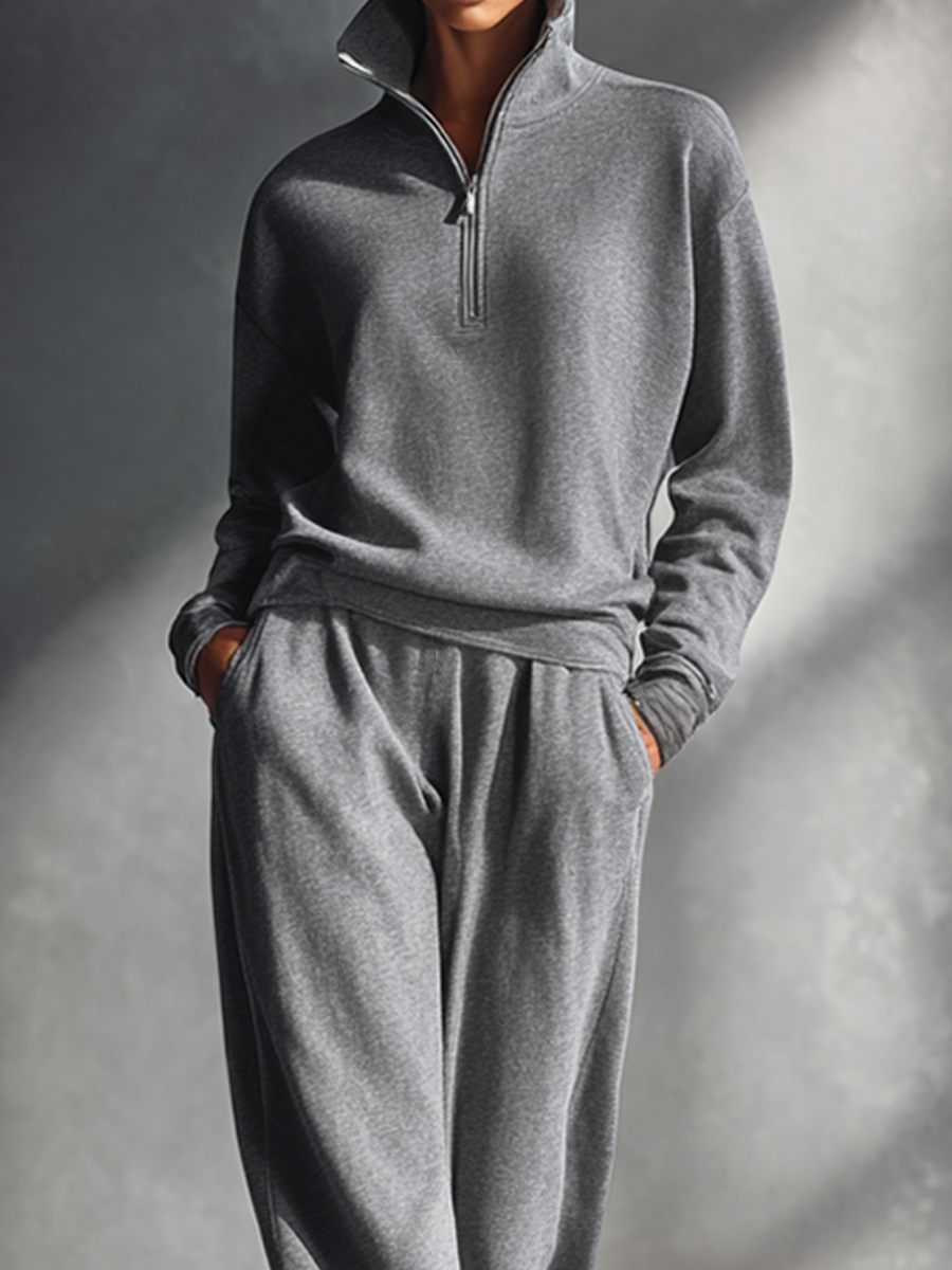 Women's Grey Half-Zip Sweatshirt And Wide-Leg Pants Loungewear Set MDA0532L4AP