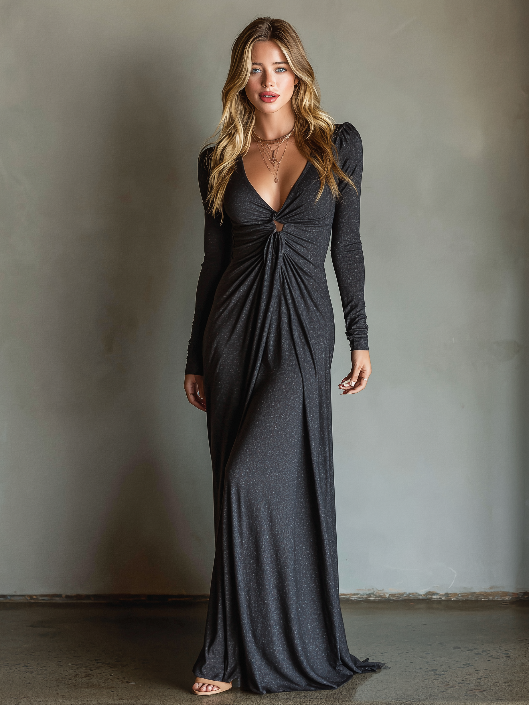 Women's Minimalist Stretch V-neck Long-sleeved Maxi Dress MDA1504L7Y