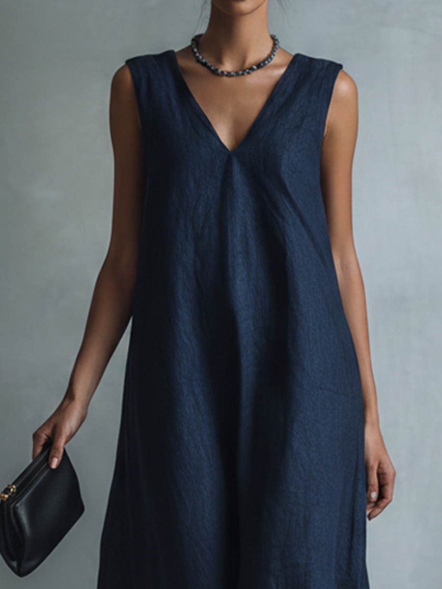Women's Navy Blue Sleeveless Deep V-Neck Maxi Dress MDZ2816B6BA