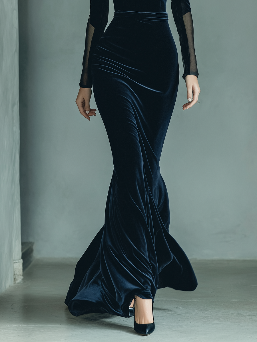 Women's Navy Blue Velvet Fabric Turtleneck Sheer-Sleeve Mermaid Maxi Dress MDA1227L3T