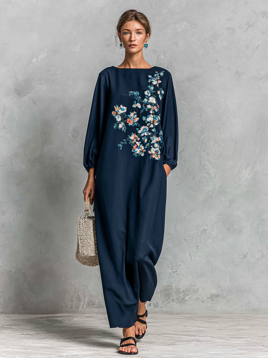 Women's Cotton And Linen Blend Floral Embroidery Maxi Dress MDA1430H9Y
