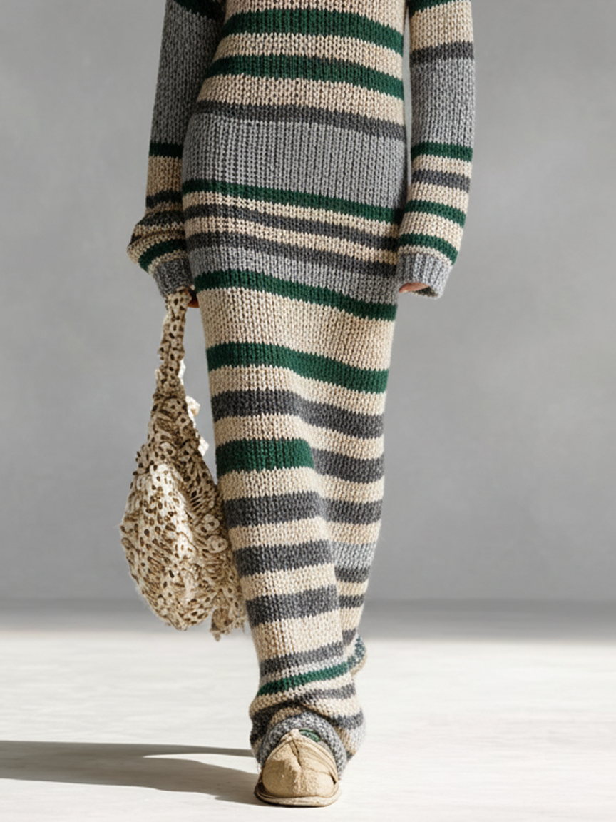 Women's Minimalist Striped Knitted Round Neck Maxi Dress MDA1668J5Y