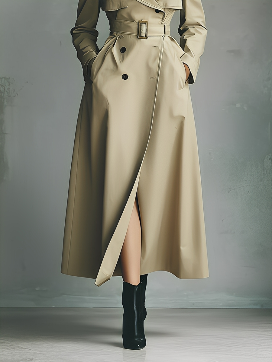 Women's Beige Cotton Blend Double-breasted Belted Long Coat MDA2532K3T